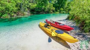 two kayaks sitting on the shore of a river at Oyster House Waterfront 3b2b Kayaks BBQ Games in Hernando Beach
