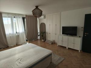 a living room with a bed and a flat screen tv at Gödöllő Country Home in Gödöllő