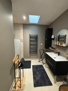 a bathroom with a sink and a mirror at Maison neuve in Berson