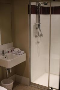 y baño con ducha y lavamanos. en Windsor Castle Hotel, en East Maitland
