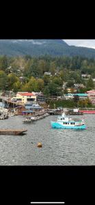 a blue boat in the water next to a town at SEAS THE DAY Hottub Pets in Gibsons +29 photos