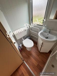 Un baño pequeño con inodoro y lavabo. en Lapwing 17 Cayton Bay, en Cayton