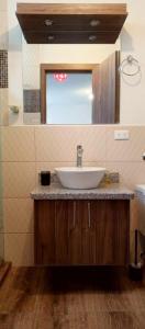 une salle de bain avec un lavabo et un miroir dans l'établissement Acogedora casa moderna, à Quito