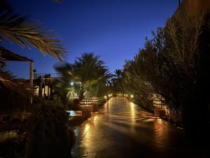 una pasarela con palmeras y luces por la noche en Oasis Tilogui-Luxury Hotel Restaurant and Desert Excursions In Zagora, en Zagora