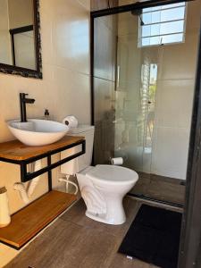 Corumbá 4 - Casa Contêiner com Piscina Aquecida في Alexânia: حمام مع مرحاض ومغسلة ودش