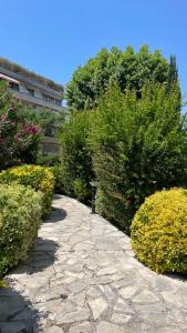 a stone path in a garden with bushes at Charmant appartement plein centre in Saint-Tropez