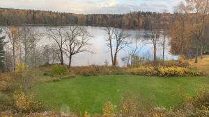 a large green field next to a body of water at Lakeview Villa in Ludvika