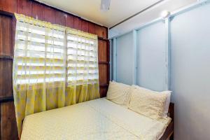a bed in a room with a window and a curtain at Tarpon at Carol's Cabanas -Gold Standard Certified in Placencia Village