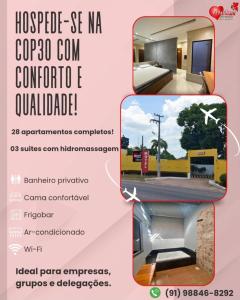 MaritubaにあるMotel Só Prazer na COP 30 aptosの部屋の写真が3枚掲載されたホテルのチラシ