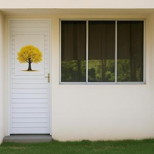 a white door with a yellow tree in the window at CHALÉS, CABANAS, SUITES - ESPAÇOS ROMÂNTICOS NA NATUREZA - Clique no link do tipo da acomodação antes da reserva, pois temos 3 tipos diferentes de acomodação in Itapecerica da Serra +153 photos