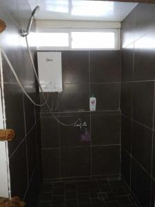 a shower in a black tiled bathroom with a window at Sidonie parker in Teahupoo