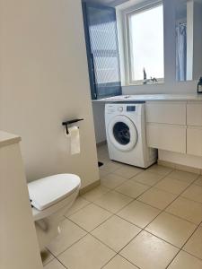 een badkamer met toilet en wasmachine bij Cozy Townhouse near Copenhagen in Rødovre +14 foto's