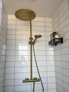 une douche avec pommeau de douche dans une salle de bain dans l'établissement Cozy Townhouse near Copenhagen, à Rødovre 19 autres photos