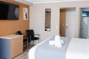 a bedroom with a bed and a desk and a tv at Mahia hotel Reñaca in Viña del Mar