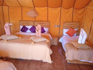 メルズーガにあるGood vibes desert campのテントの中にベッドが2つある寝室
