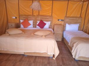 メルズーガにあるGood vibes desert campのオレンジ色の壁の部屋にベッドが2つある