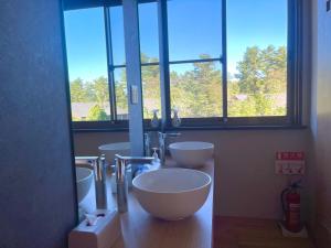een badkamer met 3 wastafels en een groot raam bij スパイシーシャレー in Hakuba +23 foto's