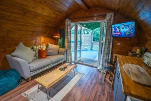 a living room with a couch and a tv at Coorie Retreats Luxury Geo Domes and Cabins with Private Hot Tubs Cinema Firepit Spa and More in Portpatrick