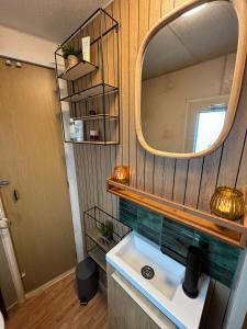 ein Badezimmer mit Waschbecken und Spiegel in der Unterkunft Tiny Beach Cottage - New Vennepark Wenduine in De Haan