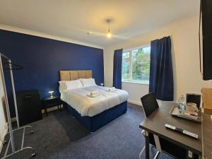 a bedroom with a bed with a blue wall at Airport Lodge in Sheldon