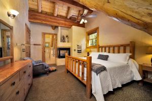 una camera con letto in legno e camino di Mountain View 2 Ski-In Private Hot Tub 4Br 4.5Ba Sleeps 8 a Telluride