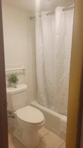 a white bathroom with a toilet and a shower at Beltway Motel and Suites in Halethorpe
