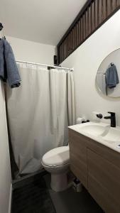 a bathroom with a toilet and a sink and a mirror at Maison Áurea Loft in Cali