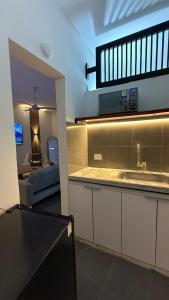 a kitchen with a sink and a living room at Maison Áurea Loft in Cali