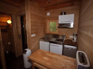 een keuken in een blokhut met een wastafel en een fornuis bij Chalet neuf pour 6 pers, animaux et parking - FR-1-836-36 in Arâches-la-Frasse