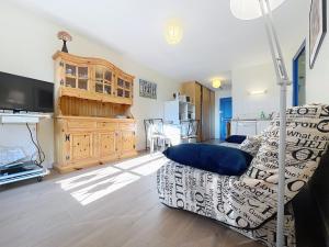 ein Wohnzimmer mit Sofa und Fernseher in der Unterkunft Appartement T2 avec ascenseur, hypercentre, à 50m de la plage, WIFI, TV connectée, linge en option - FR-1-361-4 in Granville