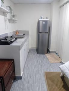ボカ・チカにあるHabitacion cerca de la Playaのキッチン(ステンレス製の冷蔵庫付)