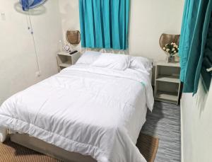 ボカ・チカにあるHabitacion cerca de la Playaのベッドルーム1室(白いシーツと青いカーテンのベッド1台付)