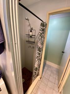 a shower in a bathroom with a glass door at Gantheaume Getaway in Kalbarri