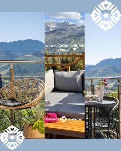 un collage di quattro immagini con una sedia e un tavolo di Hacienda Kościelisko - Apartamenty Kierpcówka 5 -Balia z widokiem a Kościelisko