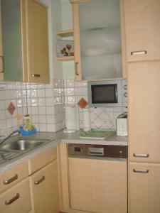 eine kleine Küche mit einer Spüle und einer Mikrowelle in der Unterkunft Ferienwohnung Christian am Ossiachersee in Bodensdorf