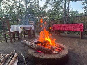 a fire pit with a table and chairs in a yard at Kibale Tented Camp in Kibale Forest National Park
