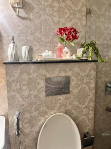 斋浦尔Royal Saket的浴室设有卫生间,墙上设有架子。 更多60张照片