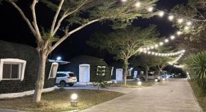 une rangée d'arbres décorée de lumières la nuit dans l'établissement Eskimo Resort, à Ban Pa Kruat