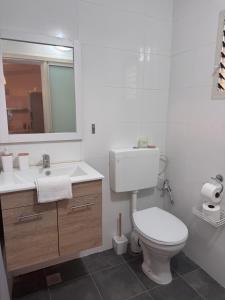 a bathroom with a toilet and a sink and a mirror at הבית של דובי in Kfar Blum