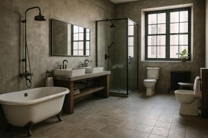 a bathroom with two sinks and a tub and a toilet at Lazortani Olio VN in Lloydminster
