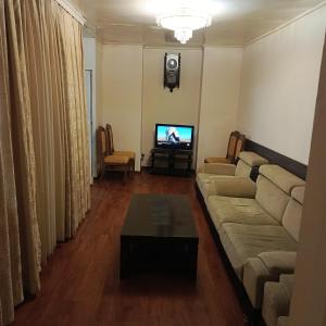 a living room with a couch and a tv at Freestyle Hostel Baku in Baku +38 photos