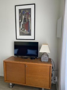 a television on top of a wooden dresser with a lamp at Studio indépendant avec terrasse dans propriété campagne Aixoise in Aix-en-Provence