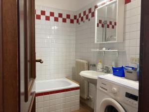 a bathroom with a sink and a washing machine at 031 Trilocale piano terra, Giustino in Giustino