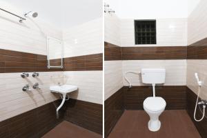 2 immagini di un bagno con servizi igienici e lavandino di Hotel O Ayesha Palace a Bārang