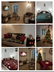 un collage de photos d'un salon avec un arbre de Noël dans l'établissement Maison Corse avec piscine et sauna - La Casa Lilia, à Campile