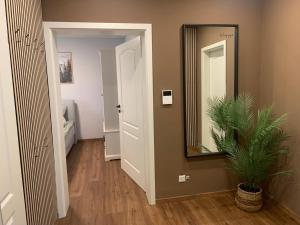a hallway with a mirror and a potted plant at Ferienwohnung Unterm Nastberg in Andernach