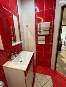 ein Badezimmer mit einem weißen Waschbecken und roten Fliesen in der Unterkunft Apartament chirie la zi in Chişinău