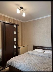 ein Schlafzimmer mit einem Bett und einem Deckenventilator in der Unterkunft Apartament chirie la zi in Chişinău