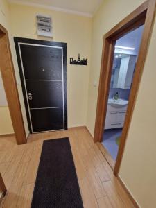 een badkamer met een zwarte deur en een wastafel bij Apartman Djole in Brzeće
