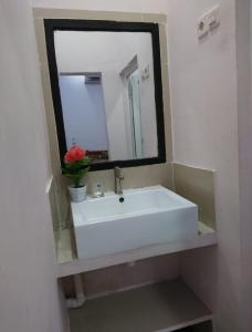 a bathroom with a white sink and a mirror at Astiti Ayu Kost Bagirati 1 in Tjakranegara